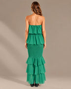 Strapless Pleated Tiered Ruffle Fitted Maxi Dress | Oyese