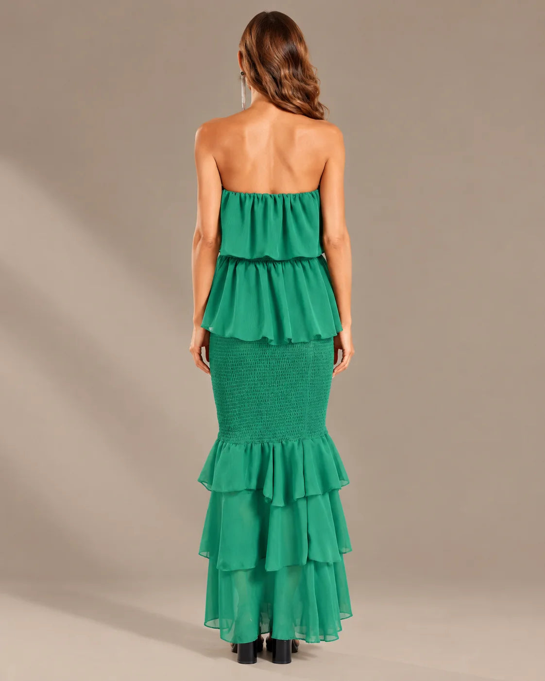 Strapless Pleated Tiered Ruffle Fitted Maxi Dress | Oyese
