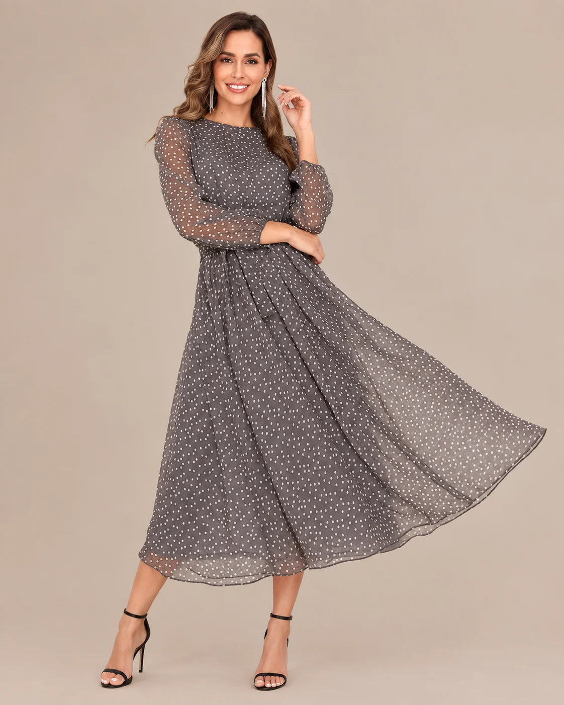 Sheer Long Sleeve Polka Dot Swing Midi Dress | Oyese