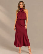Halter Cowl Neck Draped Satin Midi Dress | Oyese