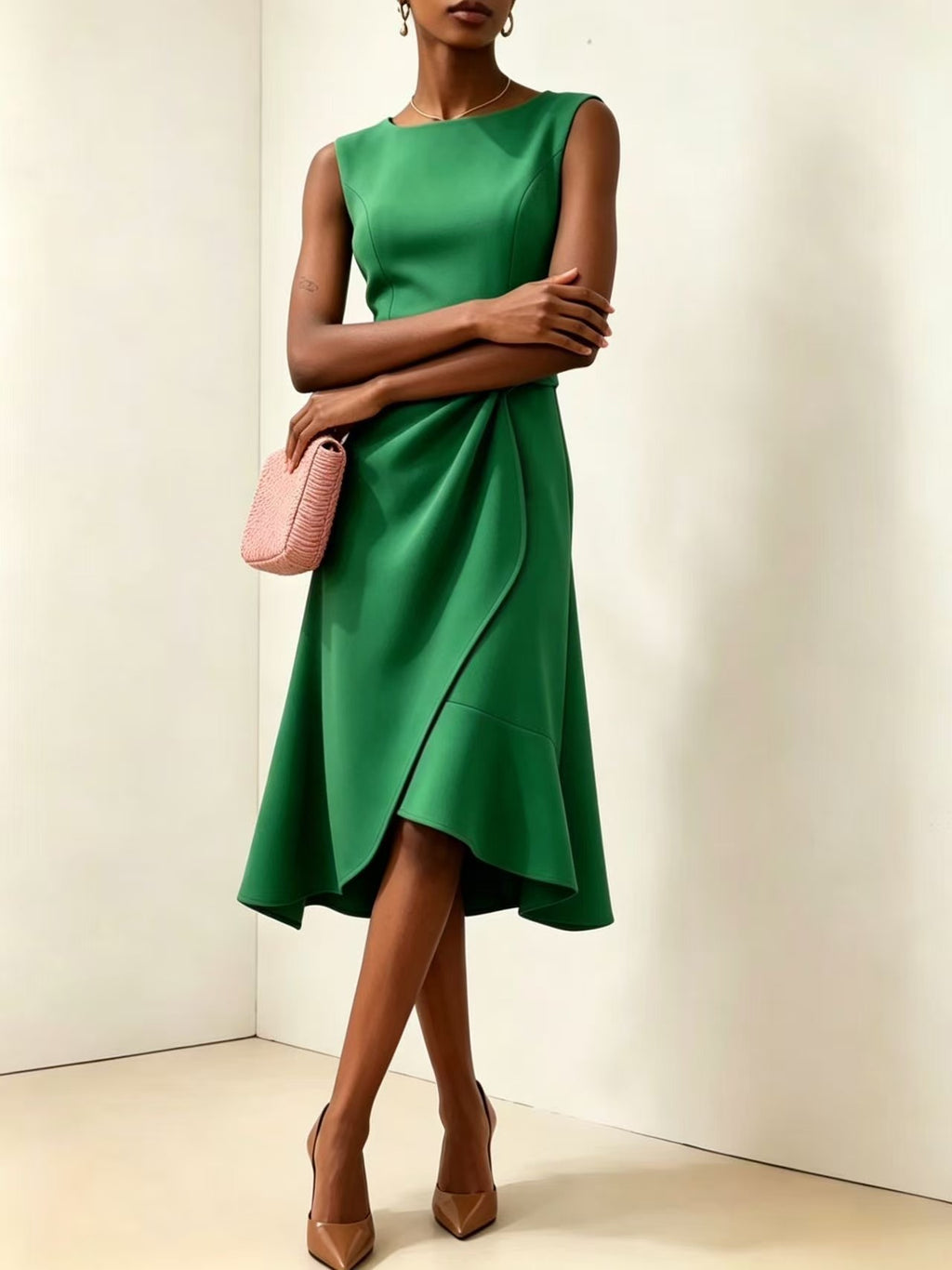 Twisted Knot Waist Midi Dress – Sleeveless Round Neck Office Dress | Oyese