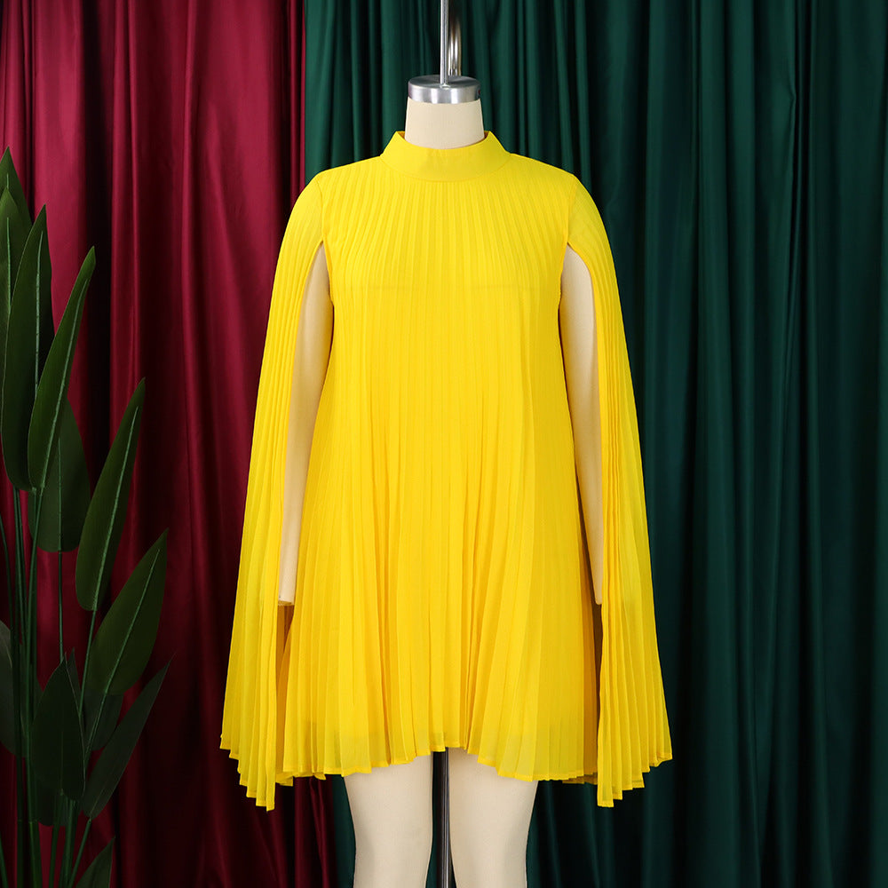 Mock Neck Pleated Chiffon Cape Shift Dress | Oyese