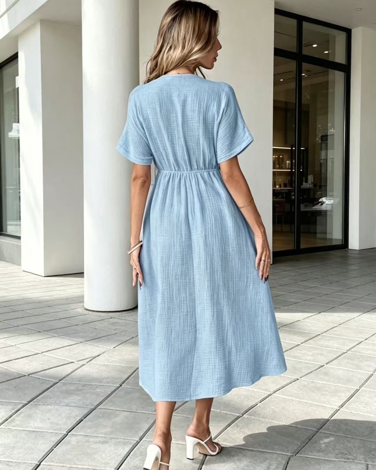 V-Neck Tie Front Relaxed Midi Dress – Short Sleeve Casual Linen-Look | Oyese
