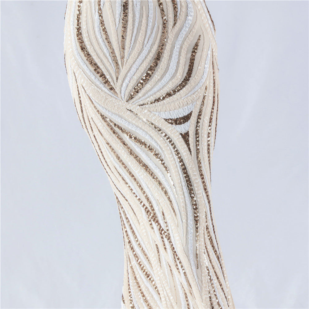 Spaghetti Strap Striped Sequin Mermaid Evening Gown | Oyese