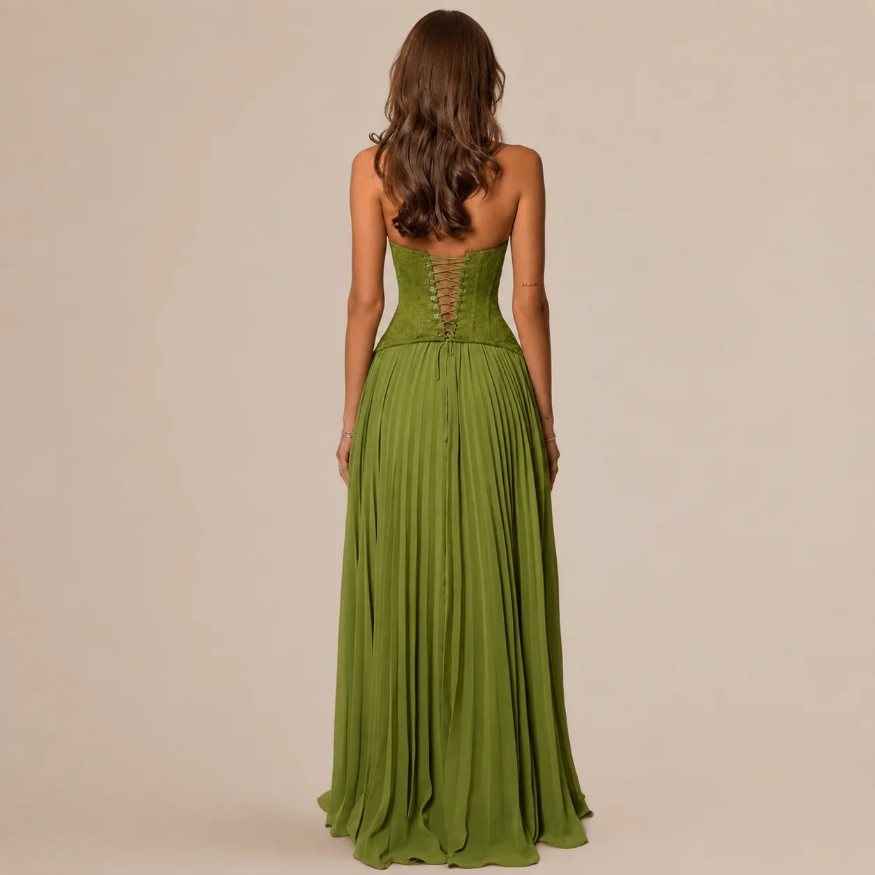 Lace Corset Halter Maxi Dress – Pleated A-Line Backless Formal Gown | Oyese