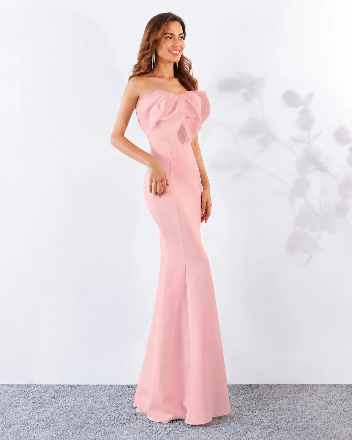 Strapless Bow Detail Satin Mermaid Evening Gown | Oyese