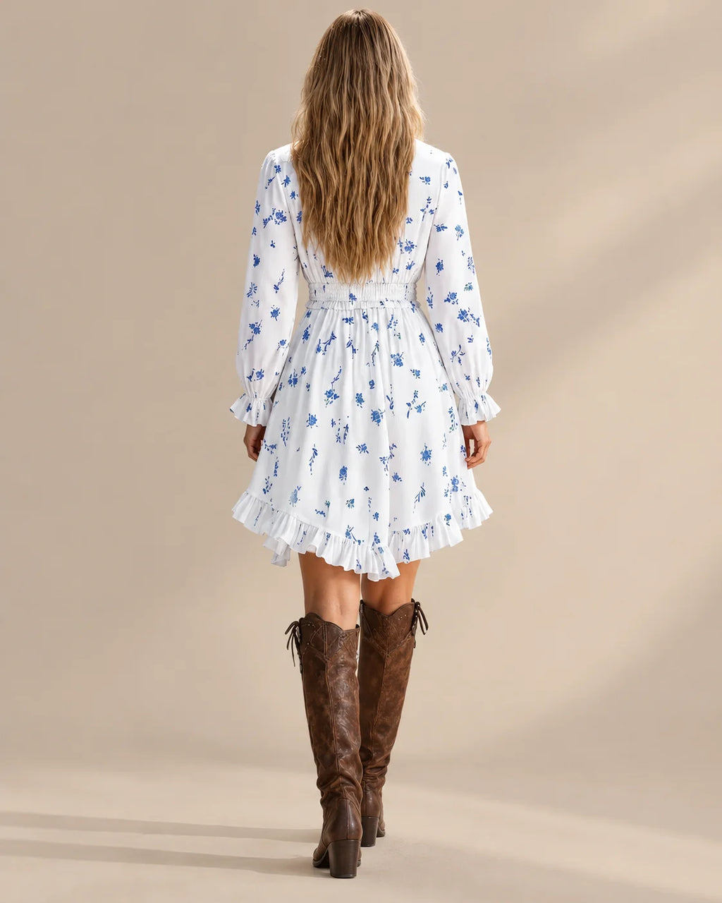Ruffle Trim V-Neck Ditsy Floral Long Sleeve High-Low Mini Dress | Oyese