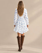 Ruffle Trim V-Neck Ditsy Floral Long Sleeve High-Low Mini Dress | Oyese