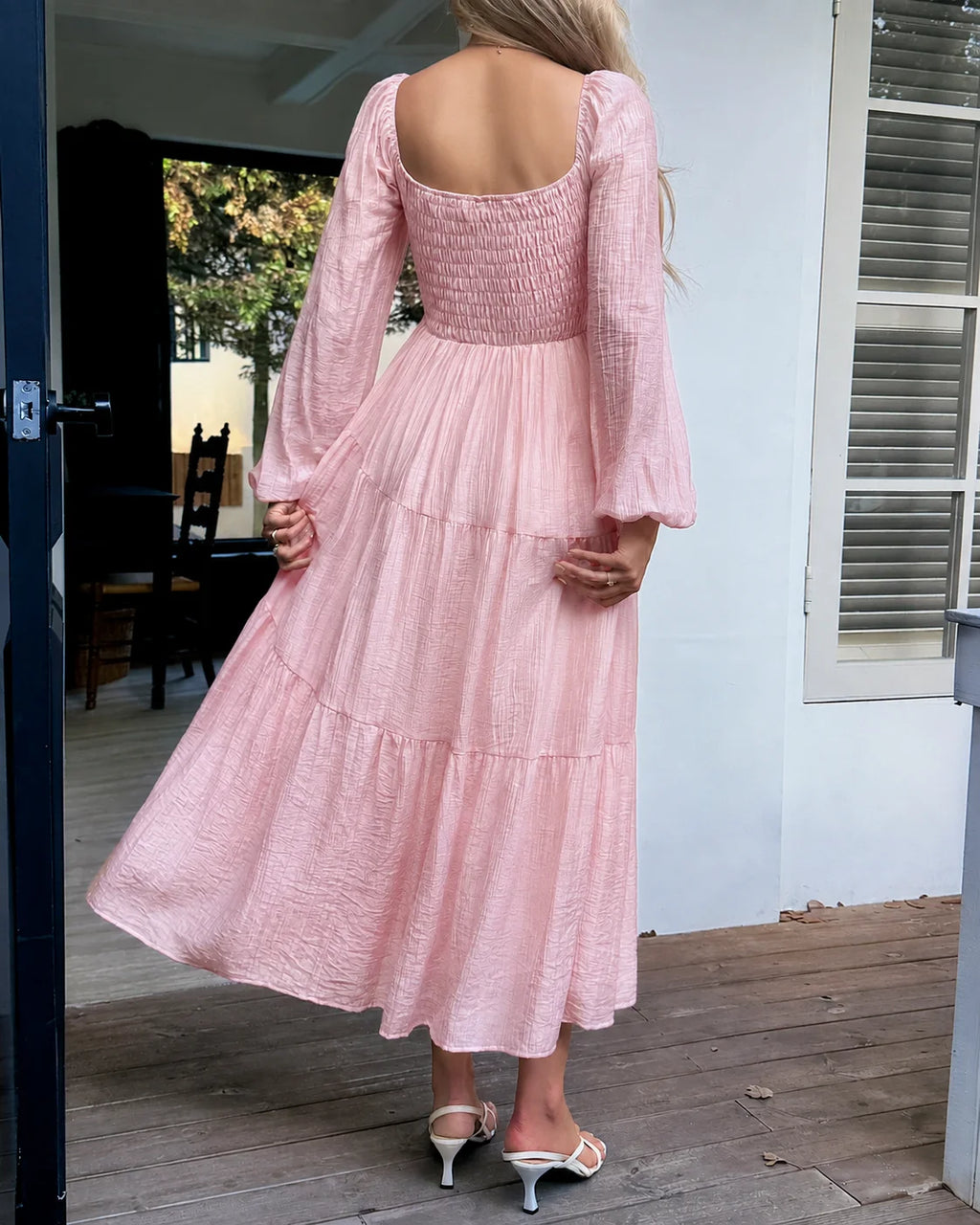 Off-Shoulder Square Neck Tiered Puff Sleeve Maxi Dress | Oyese