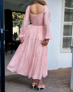 Off-Shoulder Square Neck Tiered Puff Sleeve Maxi Dress | Oyese