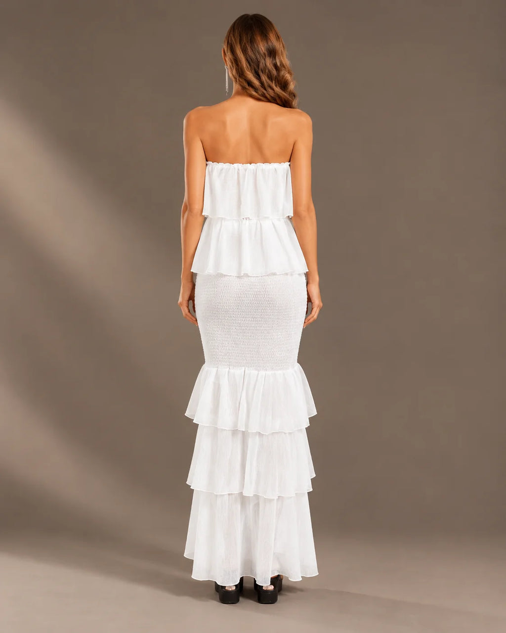 Strapless Pleated Tiered Ruffle Fitted Maxi Dress | Oyese