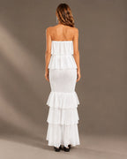 Strapless Pleated Tiered Ruffle Fitted Maxi Dress | Oyese