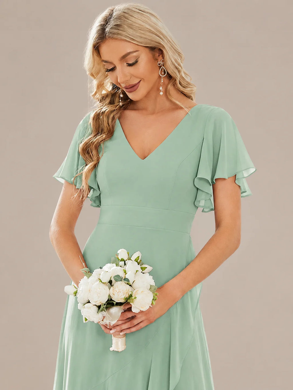Double V-Neck Flutter Sleeve Flowy Slit Maxi Gown | Oyese
