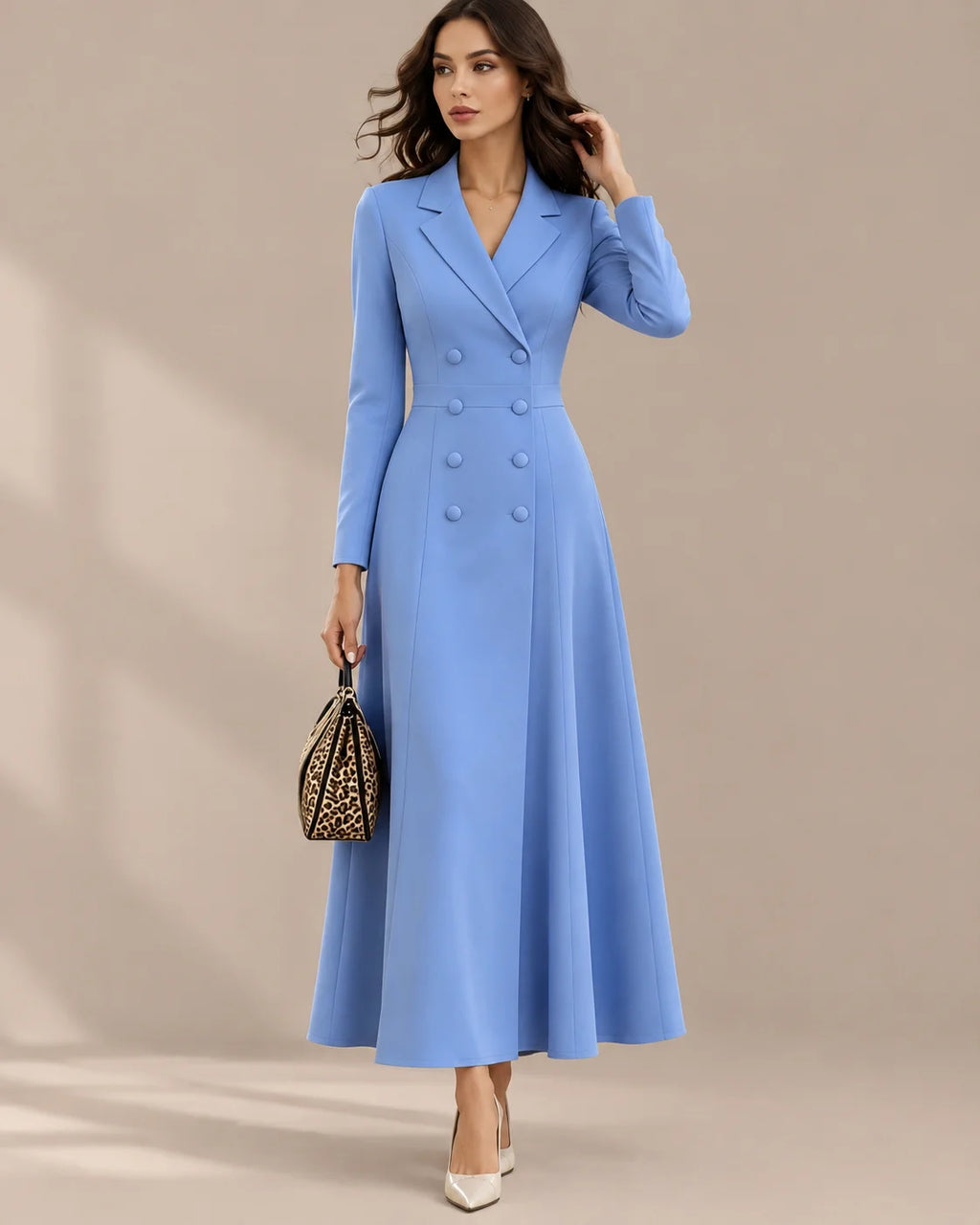 Double-Breasted Long Sleeve Fit and Flare Blazer Maxi Dress | Oyese