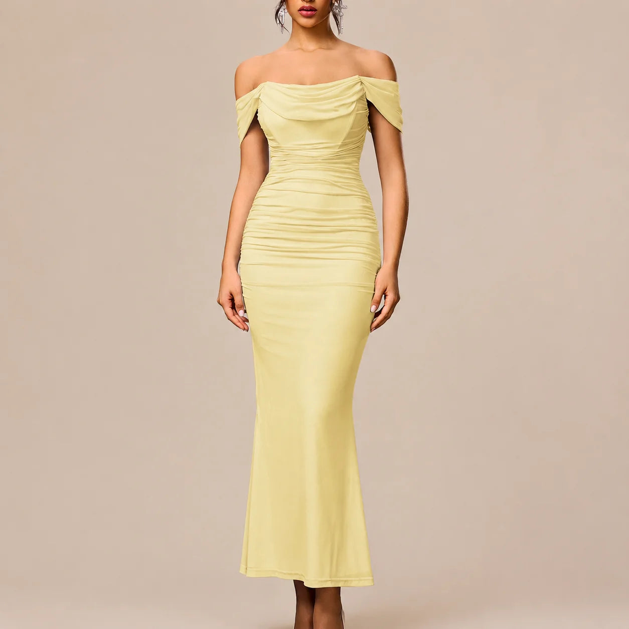 Off-Shoulder Ruched Mesh Bodycon Maxi Dress – Mermaid Evening Gown | Oyese