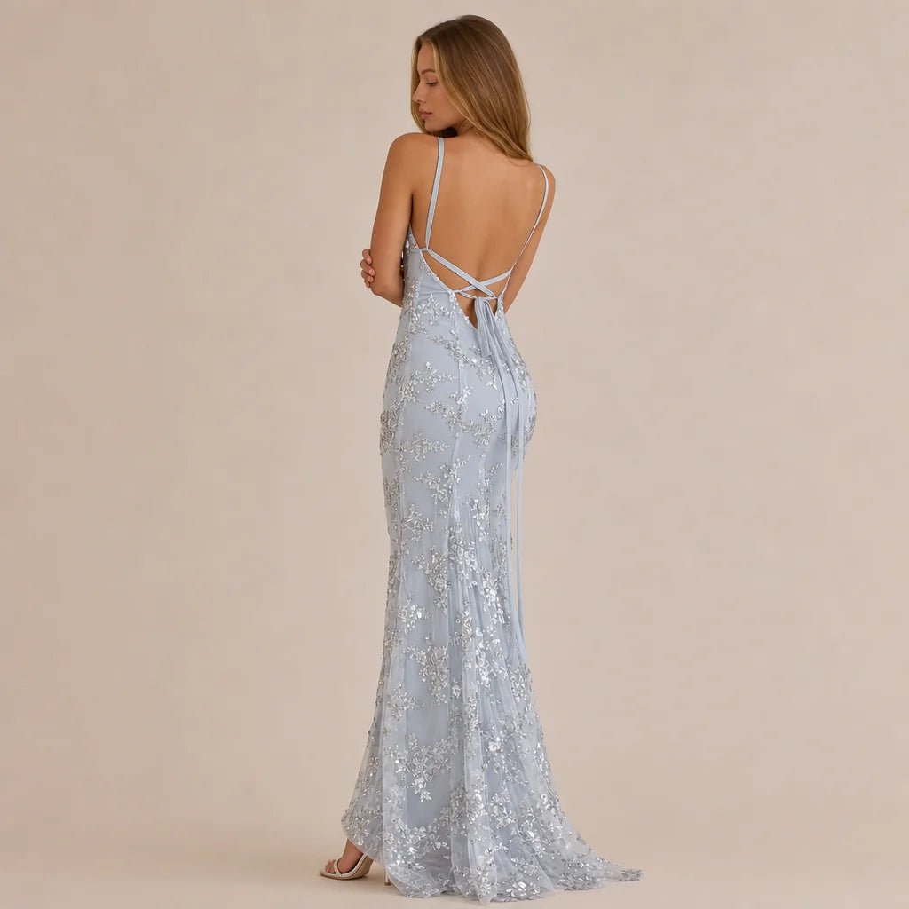 V-Neck Sequin Lace-Up Backless Mermaid Gown – Sparkly Prom Dress | Oyese