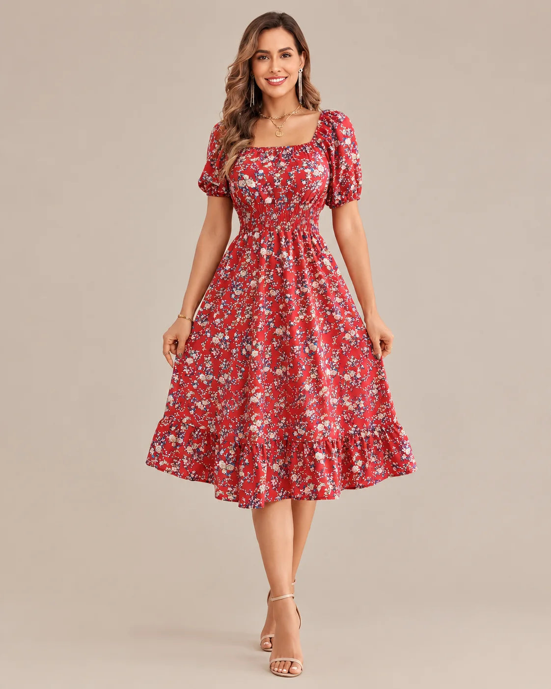 Off-Shoulder Floral Puff Sleeve Ruffle A-Line Dress | Oyese