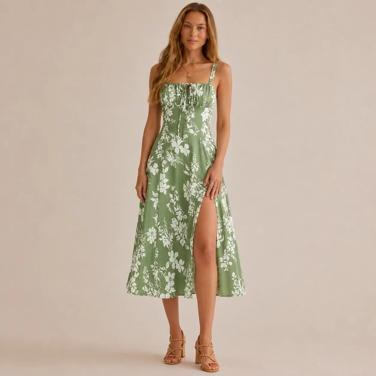 Square Neck Tie Front A-Line Midi Dress – Floral & Solid Summer Dress | Oyese