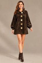 Women's Suede-Look Lapel Coat with Gold Buttons | Oyese