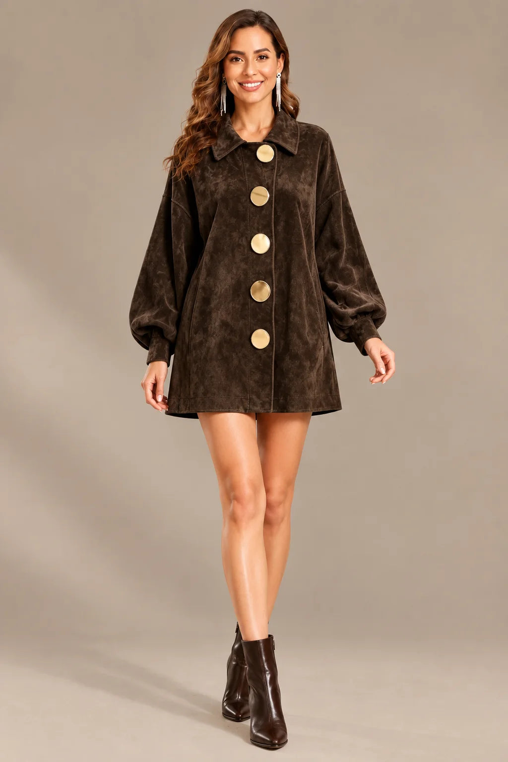 Women's Suede-Look Lapel Coat with Gold Buttons | Oyese