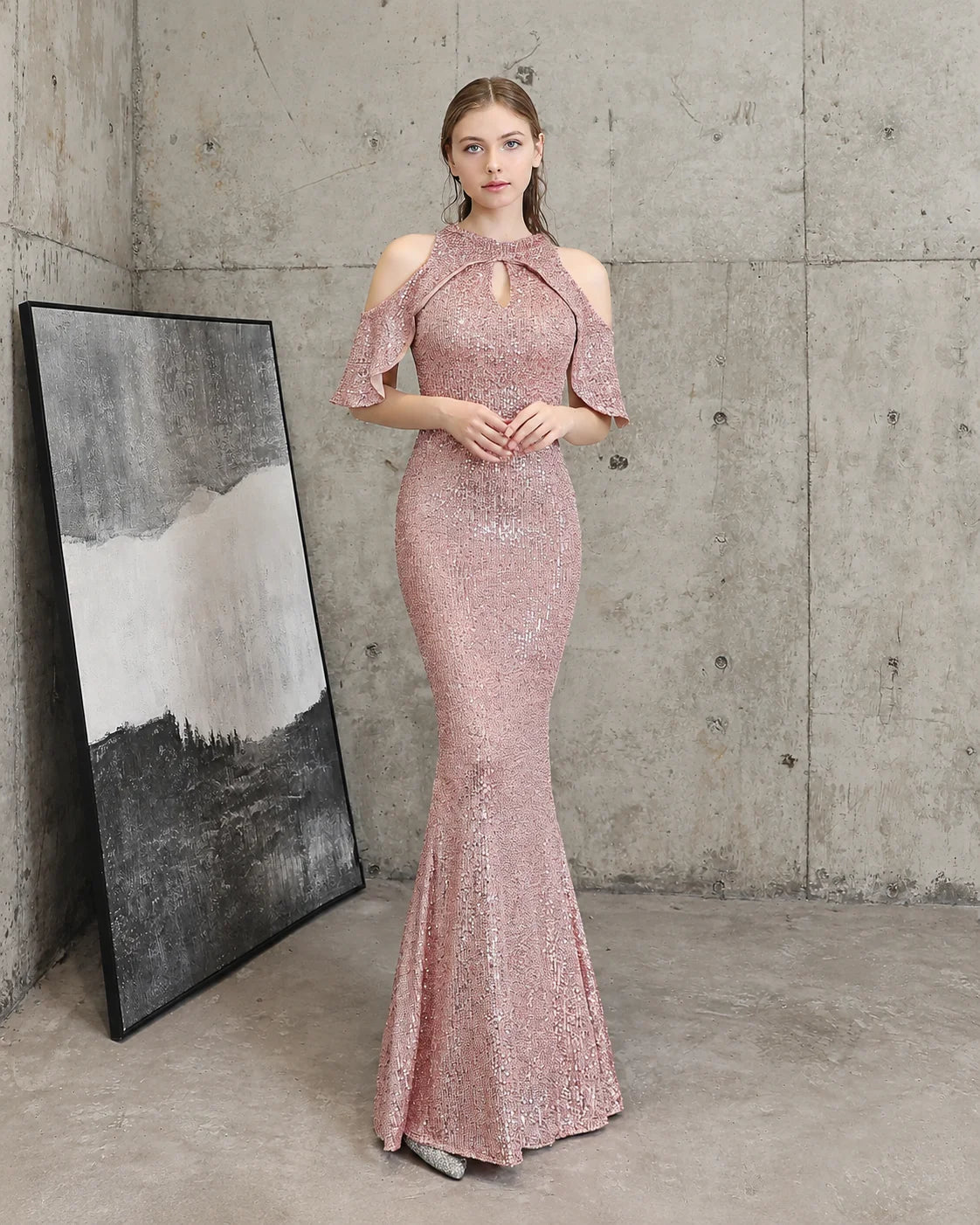 Keyhole Halter Sequin Mermaid Evening Gown | Oyese