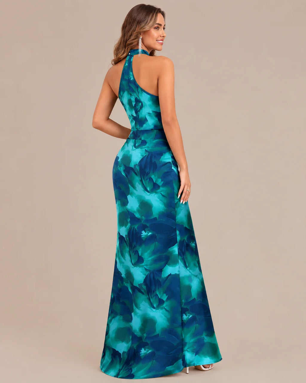 Keyhole Halter Open Back Watercolor Print Maxi Dress | Oyese