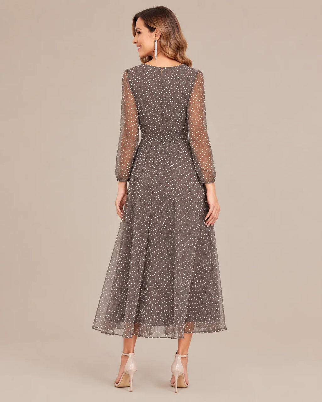 Sheer Long Sleeve Polka Dot Swing Midi Dress | Oyese