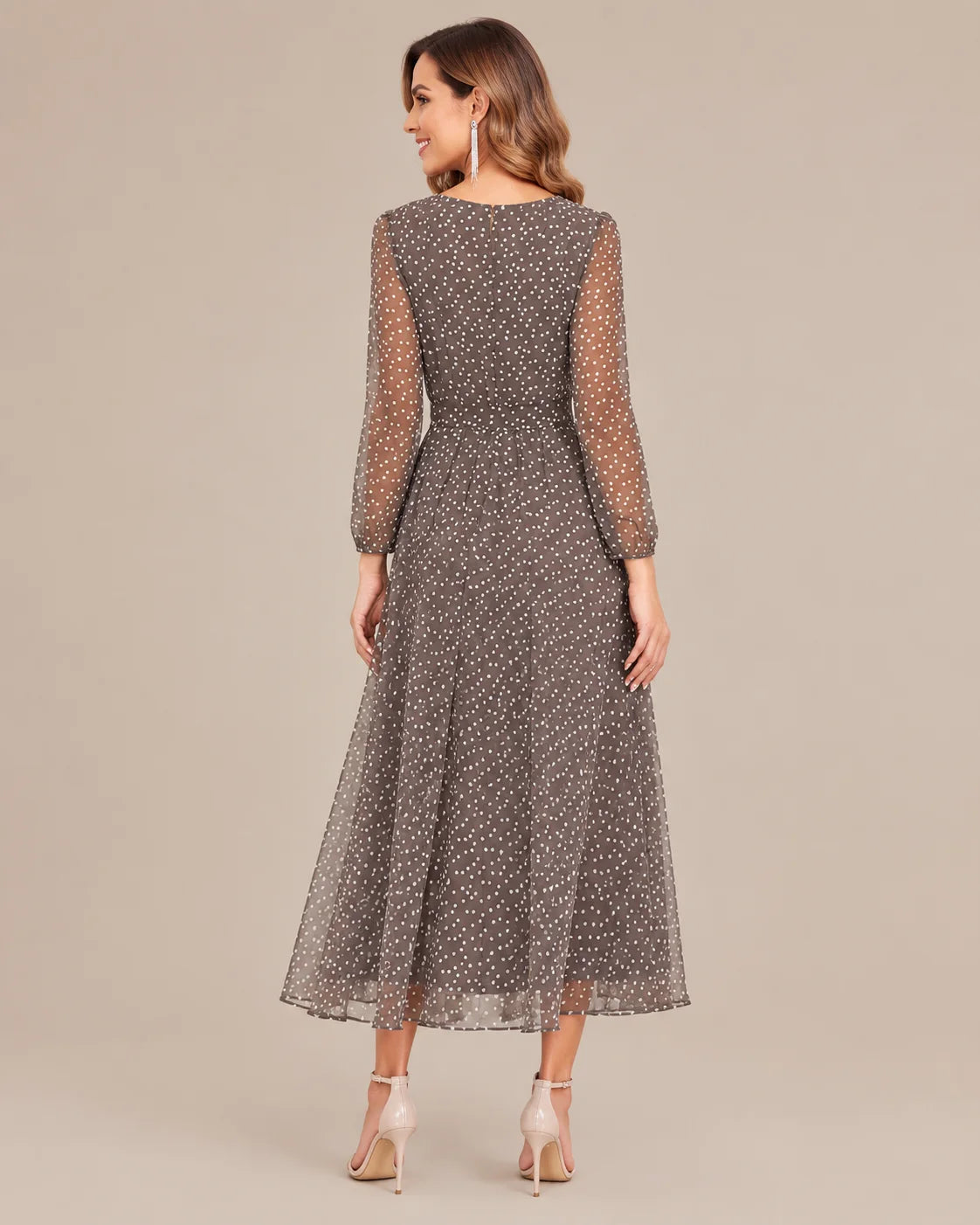 Sheer Long Sleeve Polka Dot Swing Midi Dress | Oyese