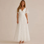 Deep V-Neck Sequin Tulle A-Line Gown – Flutter Sleeve Formal Evening Dress | Oyese