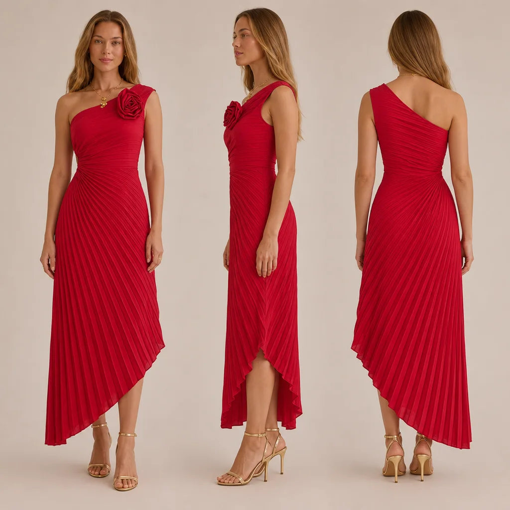 One Shoulder Rosette Pleated Maxi Dress – Cutout Waist Formal Gown | Oyese