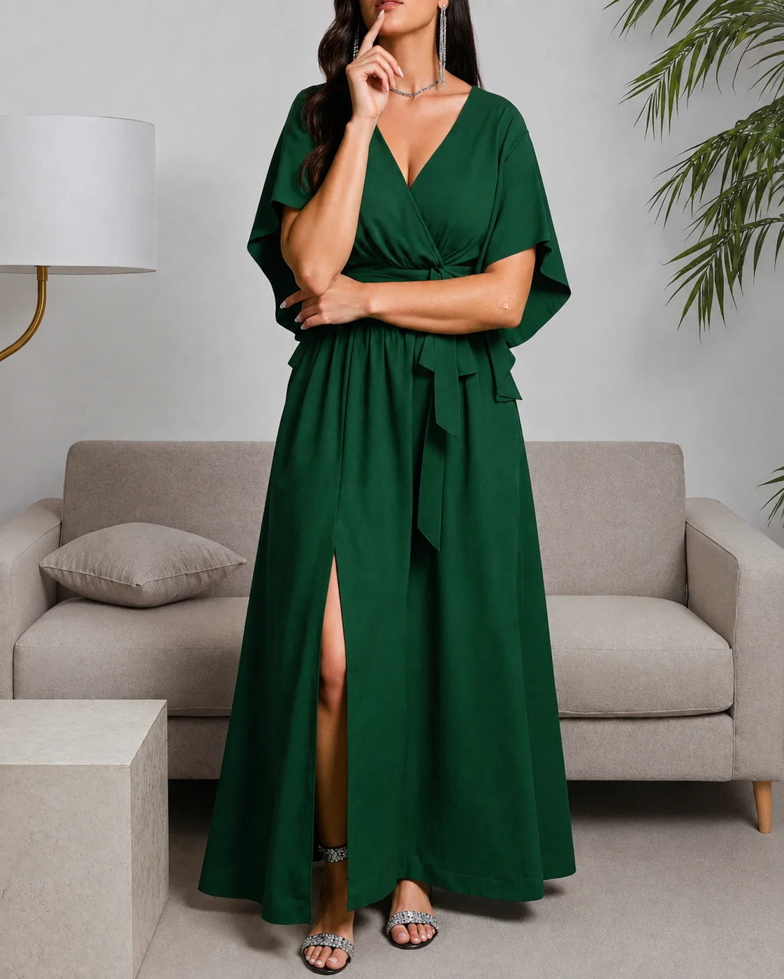 Plus Size Wrap V-Neck Flutter Sleeve Slit Maxi Dress | Oyese