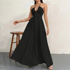 Halter Deep V-Neck Tiered Maxi Dress – Flowy Vacation Beach Dress | Oyese