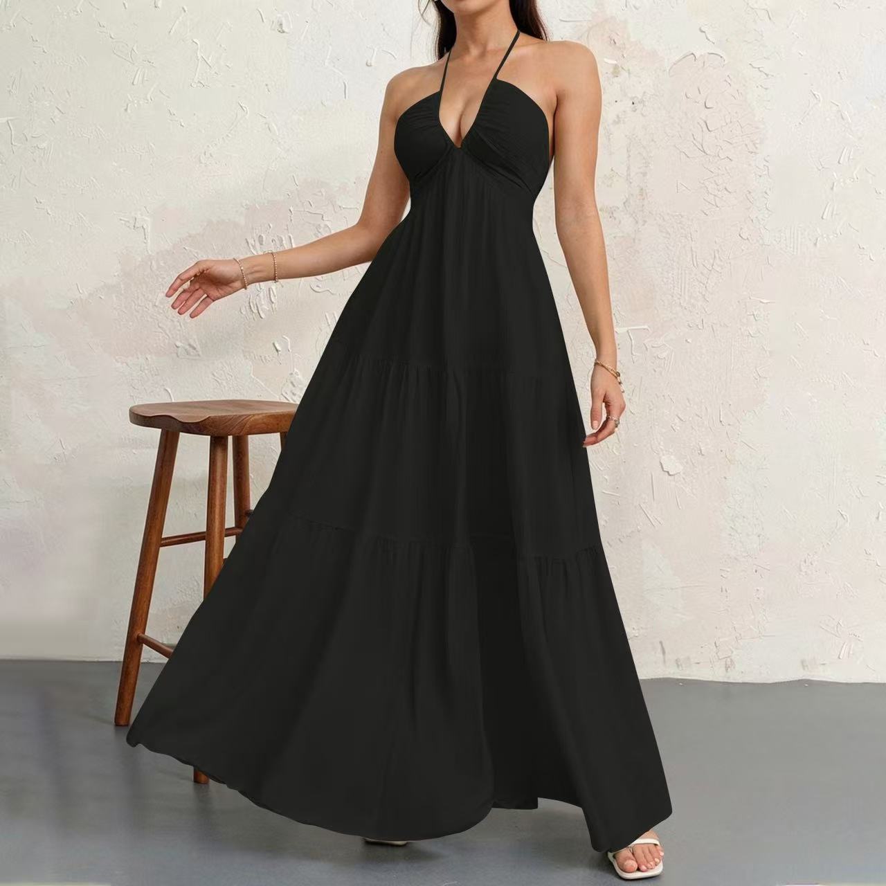 Halter Deep V-Neck Tiered Maxi Dress – Flowy Vacation Beach Dress | Oyese