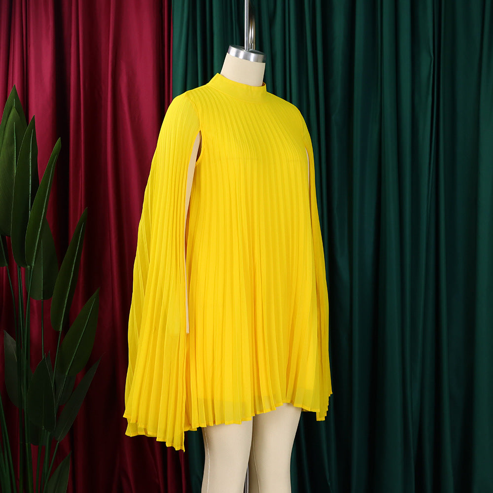 Mock Neck Pleated Chiffon Cape Shift Dress | Oyese