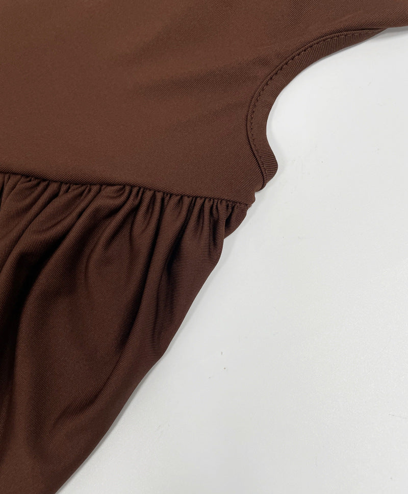 High Neck Long Sleeve Ruched Maxi Dress with Waist Cutouts | Oyese