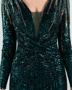 Deep V Long Sleeve Ombre Sequin Mermaid Evening Gown | Oyese