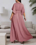 Plus Size Wrap V-Neck Flutter Sleeve Slit Maxi Dress | Oyese