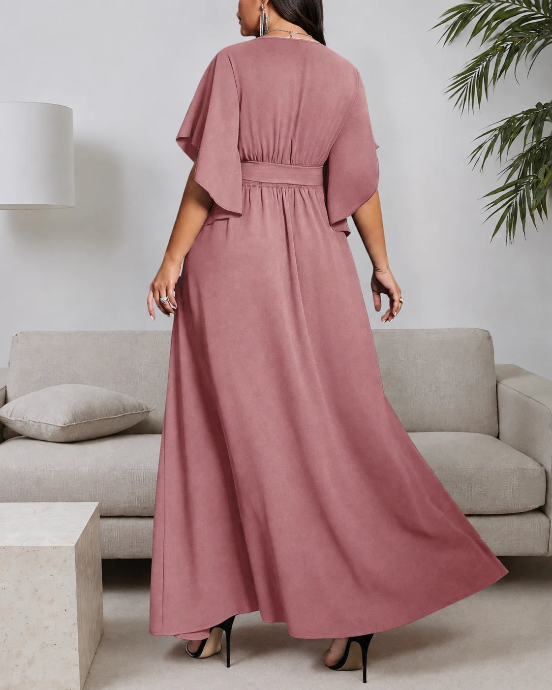 Plus Size Wrap V-Neck Flutter Sleeve Slit Maxi Dress | Oyese