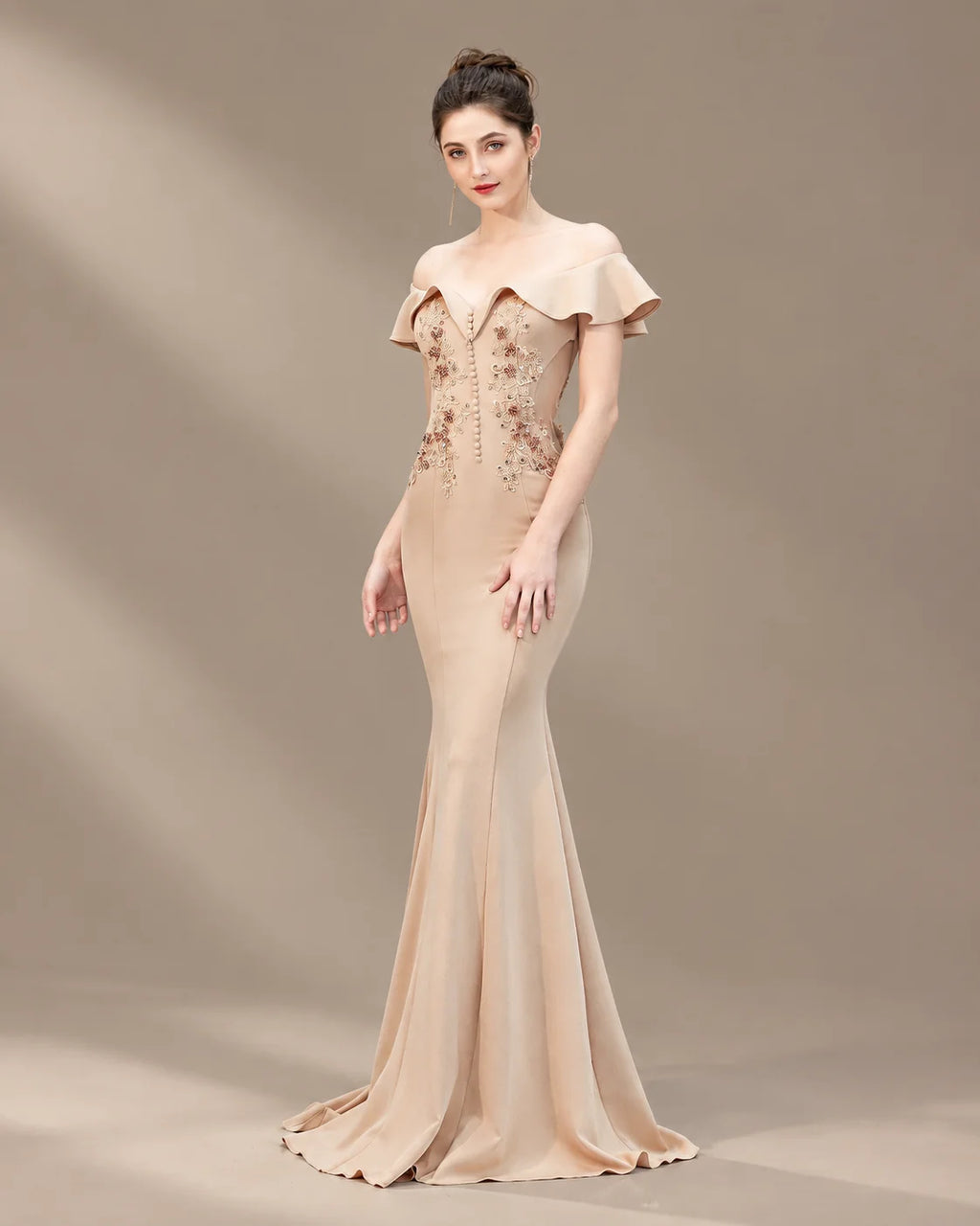 Off-Shoulder Ruffle Sleeve Beaded Mermaid Evening Gown | Oyese