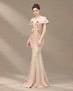Off-Shoulder Ruffle Sleeve Beaded Mermaid Evening Gown | Oyese