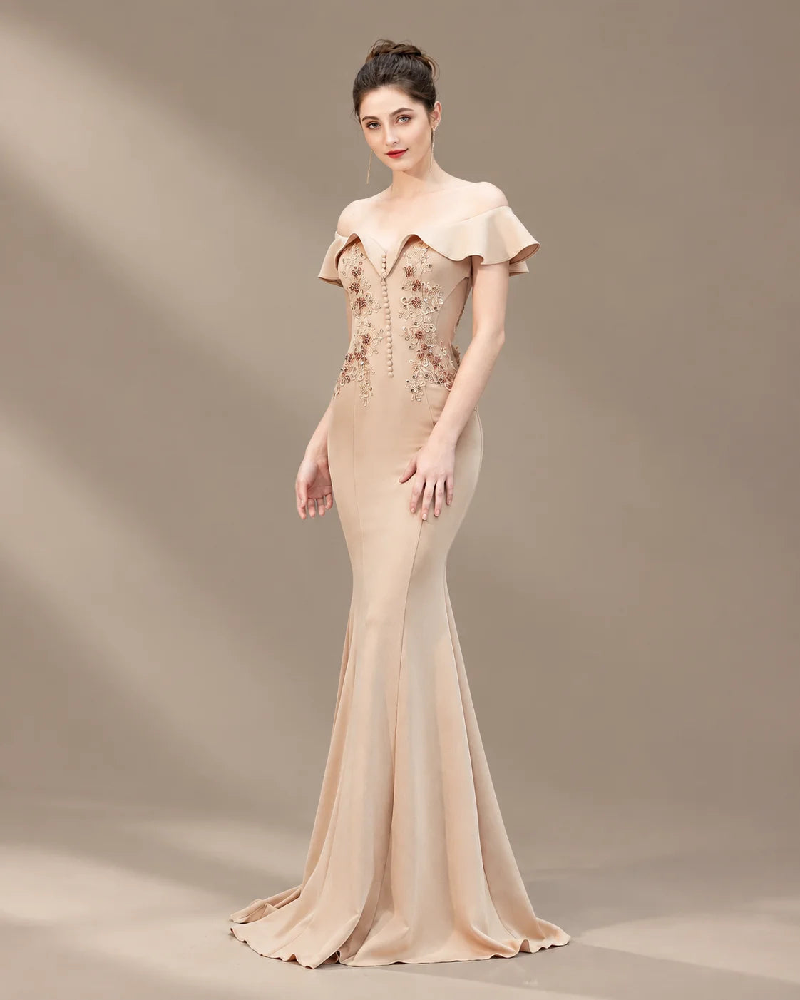 Off-Shoulder Ruffle Sleeve Beaded Mermaid Evening Gown | Oyese