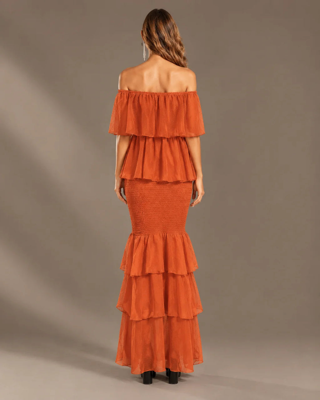 Strapless Pleated Tiered Ruffle Fitted Maxi Dress | Oyese