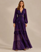 Deep V Lace Trim Tiered Maxi Dress – Long Sleeve Chiffon Gown | Oyese