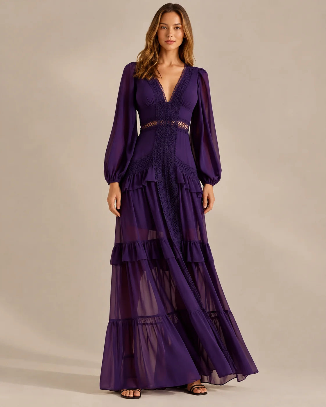 Deep V Lace Trim Tiered Maxi Dress – Long Sleeve Chiffon Gown | Oyese