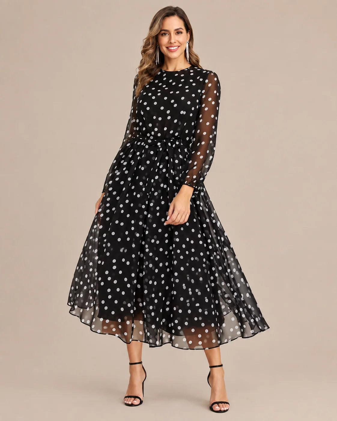 Sheer Long Sleeve Polka Dot Swing Midi Dress | Oyese