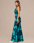 Keyhole Halter Open Back Watercolor Print Maxi Dress | Oyese