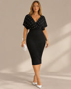 Pearl Embellished V Neck Midi Dress – Flutter Sleeve Bodycon Occasion Dress | Oyese