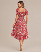 Off-Shoulder Floral Puff Sleeve Ruffle A-Line Dress | Oyese