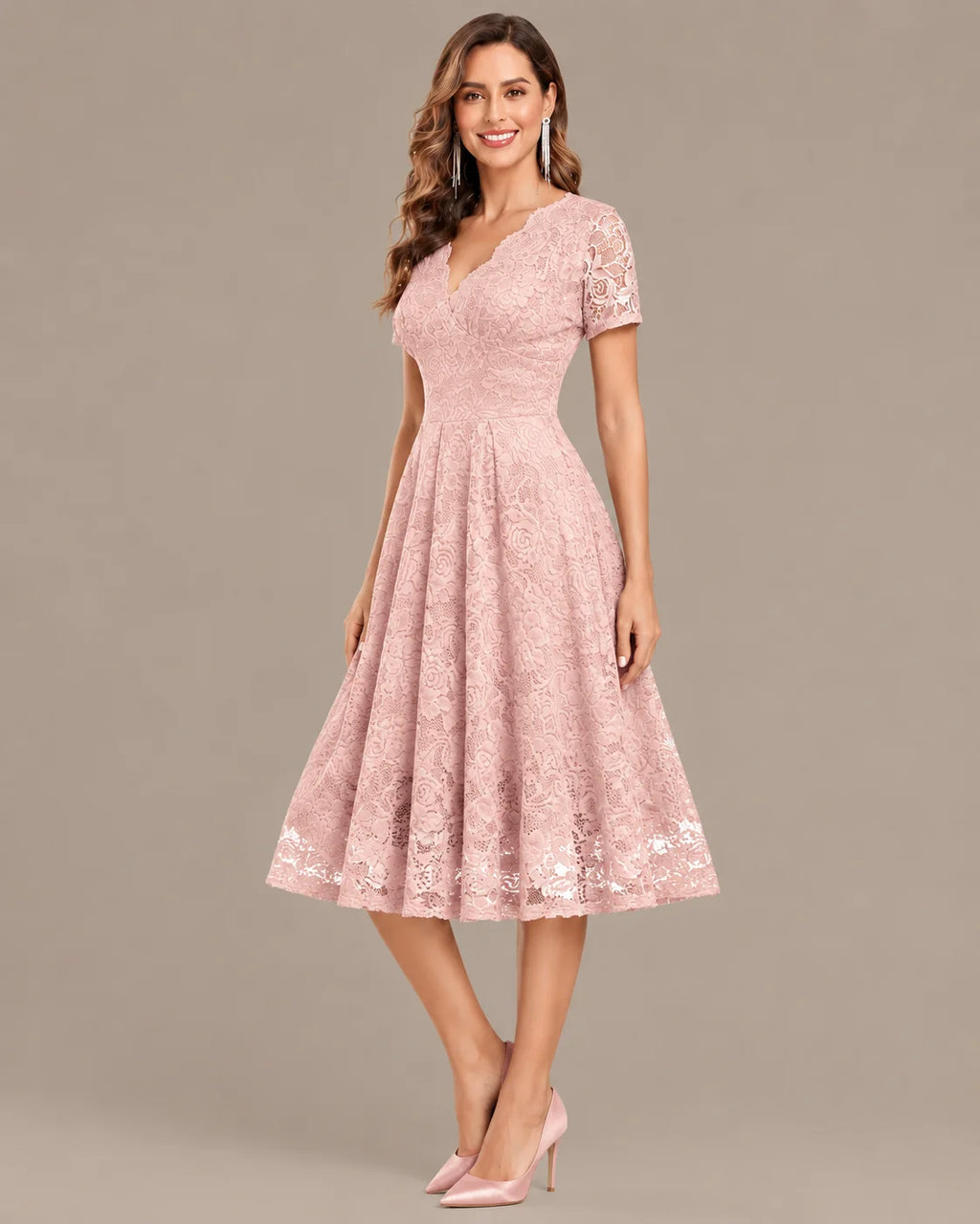 Lace V-Neck Short Sleeve Fit-and-Flare Knee Dress | Oyese