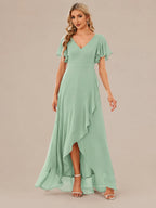 Double V-Neck Flutter Sleeve Flowy Slit Maxi Gown | Oyese